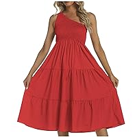 Women's Boho One Shoulder Sleeveless Solid Color Ruffle Beach Party Tiered Midi Dress Trendy Elegant Dressy Sundress