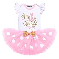 IMEKIS Baby Girl 1st 2nd 3rd Birthday Outfit Romper Top + Polka Dots Tutu Skirt + Headband Set Toddler Cake Smash Photo Shoot