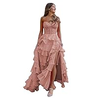 Tiered Chiffon Prom Dress for Women Lace Appliques Formal Evening Dress Elegant Strapless Prom Gown KN1265