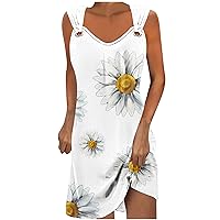 Women's Summer Casual Dresses Cute Daisy Print Round Neck Sleeveless Beach Sundress Sexy Casual Mini Tank Dresses