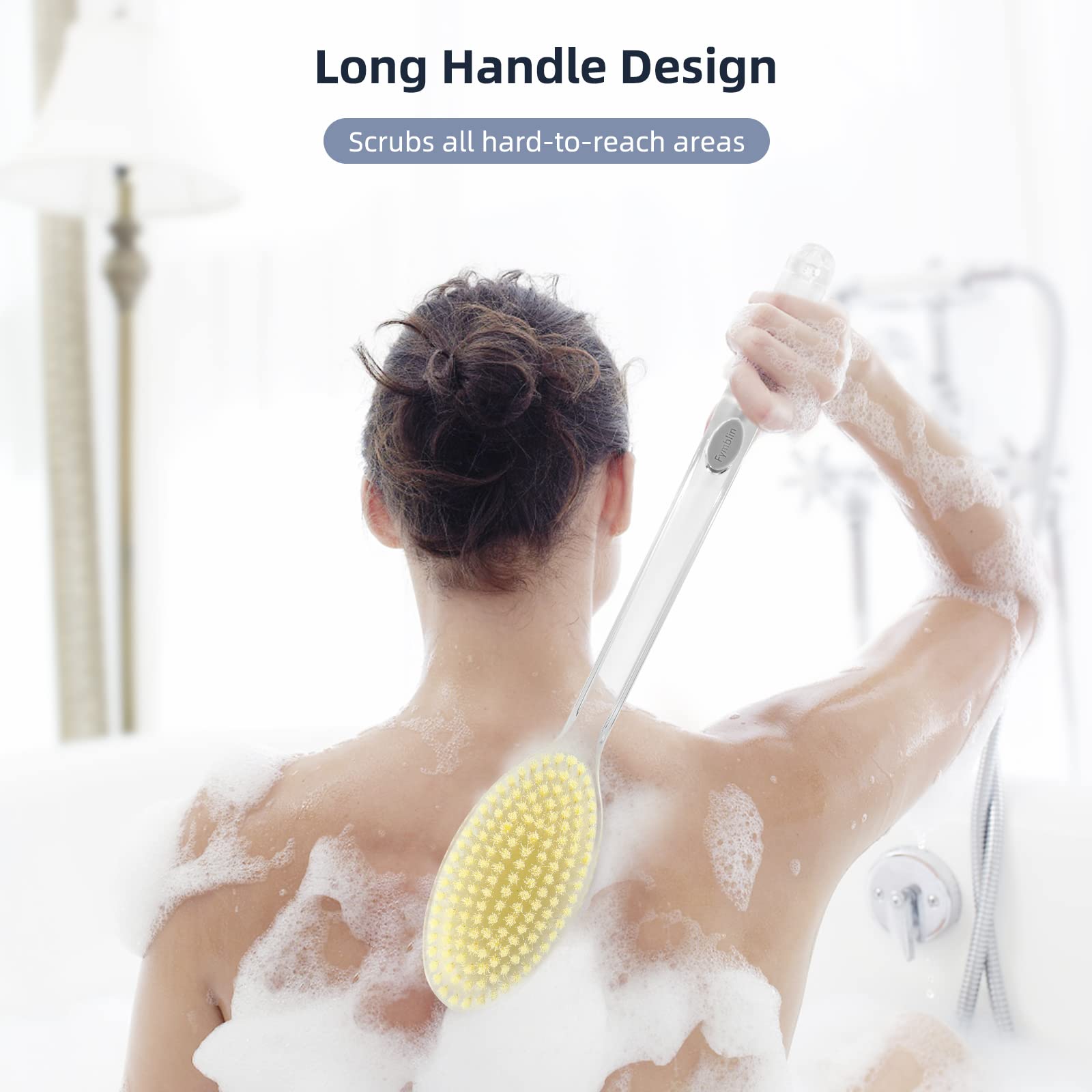 Fymblin Back Scrubber Long Handle for Shower,Back Brush Anti Slip with Stiff and Soft Bristles,Body Exfoliator for Bath or Dry Brush