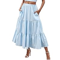 Denim Mini Skirt for Girls Skirt Long Swing Women’s Dress Pleated Elastic Waist with Pockets Flowy Summer A