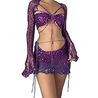 Womens 3 Piece Crochet Skirt Sets Strappy Long Sleeve Cover Up Sequins Crop Top with Mini Skirt Y2K Party Club Outfits