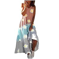 Women's Bohemian Round Neck Trendy Beach Dress Casual Summer Foral Print Hawai Flowy Swing Sleeveless Long Floor Maxi