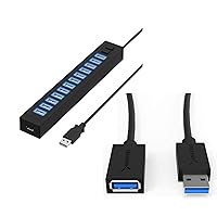Sabrent 13 Port High Speed USB 2.0 Hub + 22AWG 3 Feet USB 3.0 Extension Cable