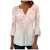 Women Fashion Casual V Neck T-Shirt Tops Pleats Floral Printed Loose Shirts Flowy Hem Short Sleeve Blouse Tees