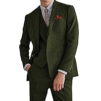 Mens Classic Herringbone Tweed Suits 3 Pieces Slim Fit Notch Lapel Retro Blazer for Wedding
