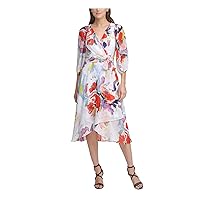 DKNY Womens White Belted Sheer Balloon Sleeves Zippered Printed Surplice Neckline Midi Evening Wrap Dress 12
