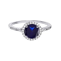 Sterling Silver White 7mm Round Created Blue Sapphire & Created White Sapphire Halo Ring