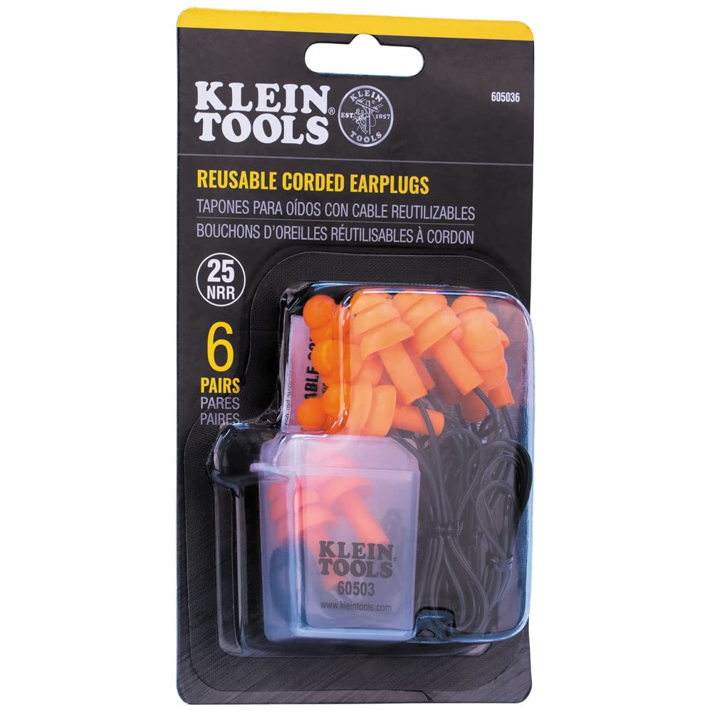 Klein Tools 605036 Corded Earplugs, 25dB NRR, Reusable Orange Earplugs, 6-Pack with Case for Construction, Industrial Use, Shooting and Hunting