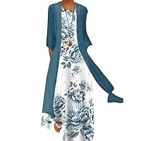 Akivide Womens Two-Piece Set Floral Print Midi Dress with Cardigan Chiffon Sleeveless Plus Size Wedding Guest Dresses (Flower 14, Medium)