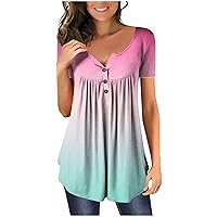 Women's Classic-Fit Short Sleeve T Shirt Hide Belly Gradient Pollover Breathable Button Down V Neck Blouses