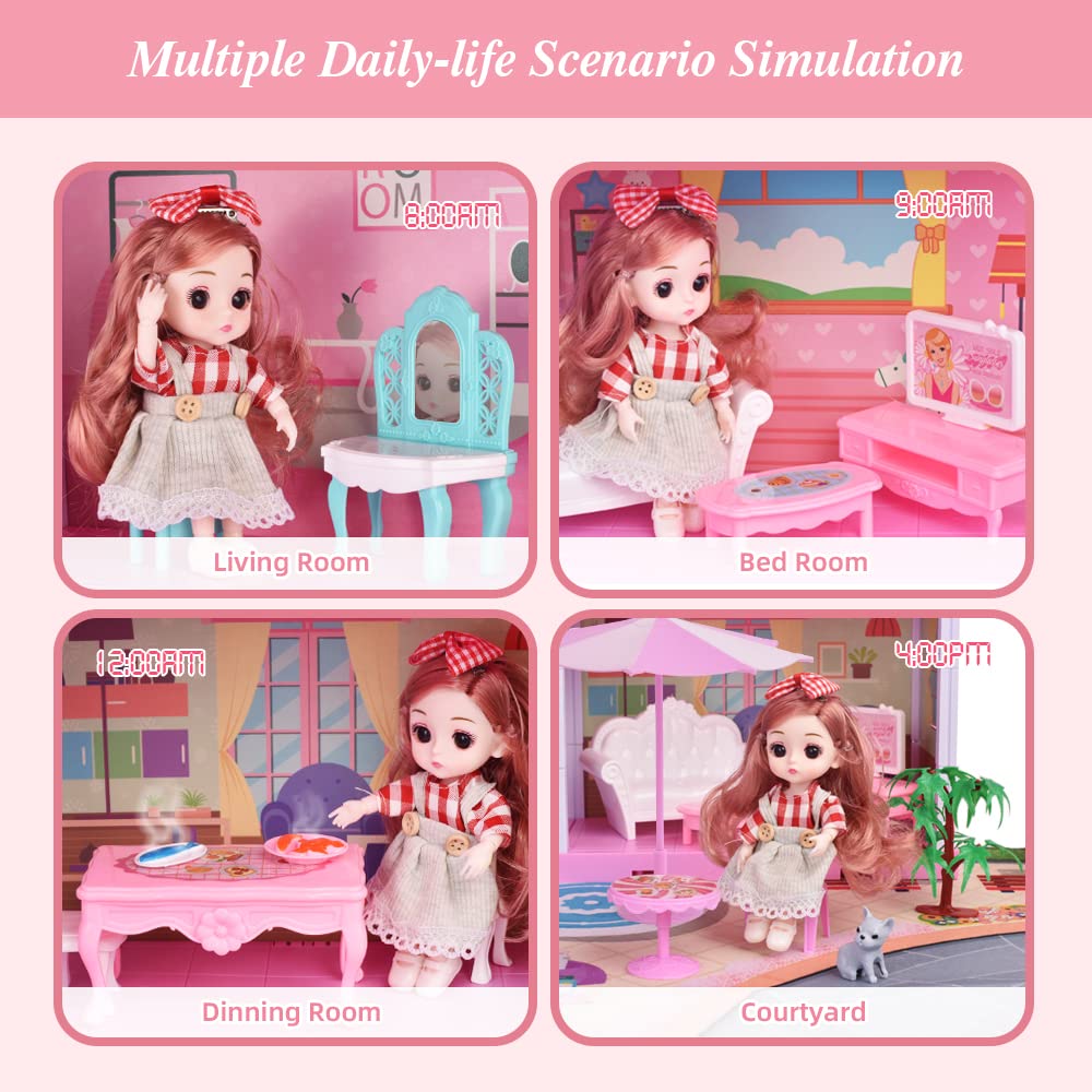 Dreamhouse Doll House for Girls, Fully Furnished Fashion Dollhouse w/Lights, Play Mat and Upgraded Doll, Numerous Doll Houses Furniture & Accessories, DIY Dollhouse Kit Gift Toy for Kids 3 4 5 6 7 8+