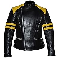Mens Yellow Stripes Motorcycle Vintage Racing Motorcycle Brando Biker Black Genuine Leather Jacket