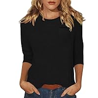 T Shirts for Women, Summer Tops for Women Casual Plain Loose Fit 3/4 Length Sleeve Tee Blouse with Pocket