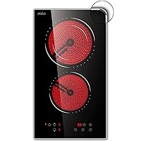 2 Burners Electric Cooktop, 12 inch Radiant Electric Stove Top, Built-in Electric Stove, Timer & Kid Safety Lock, Glass Protection Metal Frame, 220V-240V Hard Wire (No Plug) Hobsir