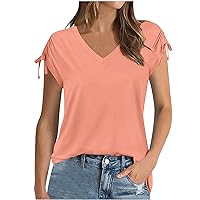 Women's Cap Short Sleeve Tops, Womens Drawstrings Summer Tshirts Trendy 2024 V Neck T Shirts Fashion Clothes
