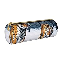 Tigers In The Snow Pencil Case Bag Pouch Pu Leather Round Small Capacity Pen Pouch Storage Bag With Zipper