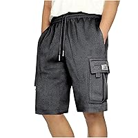 Gym Shorts Mens Summer Casual Lace-Up Elastic Waist Solid Color Knee Length Shorts Multi-Pocket Combat Work Shorts
