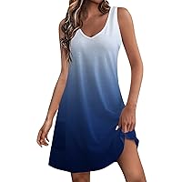 Summer Dresses for Women 2024 Basic V Neck Sleeveless Off Shoulder Solid Boho Floral Print Tank Beach Sundress with Pockets