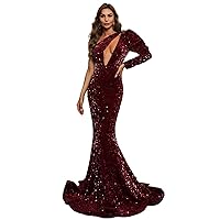 Women's Sequin Fishtai Dress One Shoulder Backless One-arm Sleeve for Cocktail Evening Party Evening Gown (Color : Red Wine, Size : Medium)