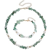 COLORFUL BLING Bohemian Pearl Carnelian Crystal Necklace Green Transparent Crystal Natural Irregular Stone Choker Turquoise Beaded Necklace for Women Girls Jewelry