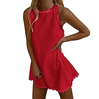 Womens Summer Dresses Cotton and Linen Dress Sleeveless Dress Casual Mini Skirt Printed Loose Beach Dress(Red,3X-Large)