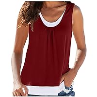 Color Block Fake Two-Piece Tank Tops Women's Fashion Print Sleeveless Crewneck T-Shirts Summer Casual Novelty Vests