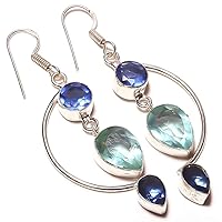 Wonderful! Blue Topaz Quartz HANDMADE Jewelry Sterling Silver Plated Earring 2.5