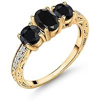Gem Stone King 2.60 Ct Oval Black Sapphire 18K Yellow Gold Plated Silver Ring