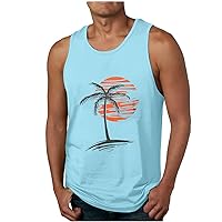 Men Tank Tops Summer Casual T Shirts Coconut Tree Print Sleeveless Tank Top Mens Hawaiian Sports Gym Tank Top T-Shirt Blue