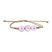 Handmade Dry Pressed Flower Cherry Blossom Gemstone Glass Cover Adjustable Rope Strand Bangle Bracelet Jewelry Gift for Women Girls