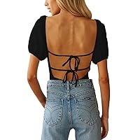 oten Women's Sexy Backless Puff Sleeve Square Neck Tie Back Bodysuit Tops