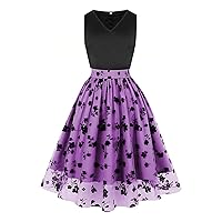 Women Floral Embroidery Cocktail Dress Illusion Sheer Mesh Patchwork 1950s Vintage Sleeveless V Neck Swing Dresses