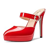 Aachcol Women Platform Pumps Round Toe Ankle Strap Slingback Stiletto High Heel Dress Shoes Office Wedding Patent 5 Inch