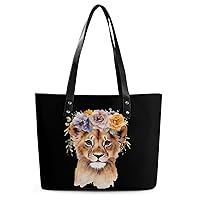 Watercolor Tiger Flower Women's Handbag PU Leather Tote Bag Purses Top Handle Shoulder Bags for Work Travel Business Shopping Casual