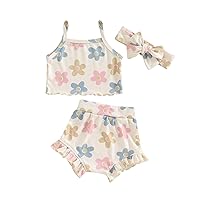 Karwuiio Toddler Baby Girls 2PCS Summer Outfit Sleeveless Flower Print Tank Tops with Ruffle Shorts Infant Clothes
