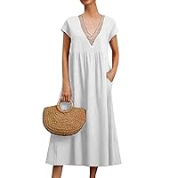Women 2024 Vacation Trendy Short Sleeve Dress V Neck Long Cotton Linen Dresses Summer Causal Loose Midi Tshirt Sundress with Pockets Solid Color Short Sleeve Waist Retraction Dress