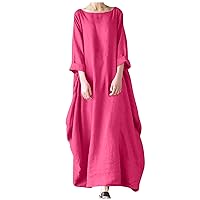 Women's Cotton Linen Dress with Pocket Oversized Loose Dress Kaftan Dress Plus Size Beach Sundress Flowy Maxi Dresses