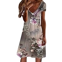 Y2K Dresses,Women's New Flower Fruit Print V Neck Short Sleeved Slim Mid Length Dress Casual Skirt Dinner Date