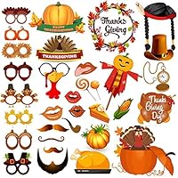 33pcs Thanksgiving Day Photo Booth Props Funny Turkey Day Kits DIY Selfie Props with Stick for Happy Thanksgiving Party Favors