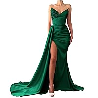 Sequin Beaded Mermaid Prom Dresses 2024 Strapless Long Satin Bridesmaid Dresses Formal Evening Party Wedding Gown with Slit