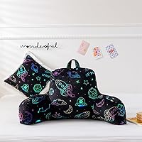 Holawakaka Reading Pillow with Arms, Space Rocket Print Plush Bed Rest Pillows for Kids Teens Petites Sitting in Bed, Sofa, Chair, Lounge, Back Cushion with 1pc Decorative Pillowcase…