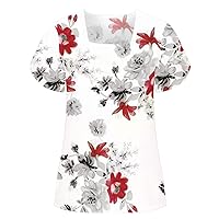 Womens Square Neck Color Block T-Shirts Petal Short Sleeve Fashion Print Tunic Tops Summer Casual Loose Fit Flowy Shirts