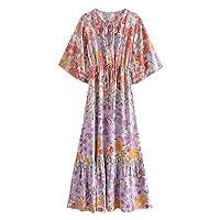 Printed Maxi Hippie Dress V Neck Short Sleeve Botanical Floral Vestidos Ladies Dresses Long Sprint Summer Dress