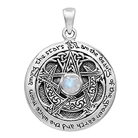 Sterling Silver Moon Goddess Pentacle Pendant with Natural Rainbow Moonstone
