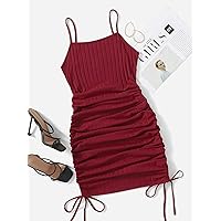 Dresses for Women Drawstring Side Rib-Knit Dress (Color : Burgundy, Size : Small)