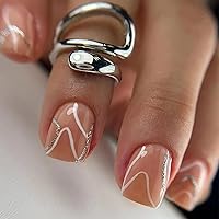 24Pcs Round Press on Nails Short Length Silver Line Fake Nails Glue on Nails Nude Acrylic Nails with Silver White Lines Design Full Cover False Nails with Glue Stick on Nails for Women and Girls