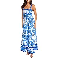 Women Dresses 2024 Summer Floral Sleeveless Maxi Dress Sun Print Swing Long Dress Flowy Beach Sundress