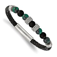 5.6mm Chisel Stainless Steel and Polished Black Agate And Green Tigers Eye Beads Black Leather Bracelet 8.5 Inch Jewelry Gifts for Women